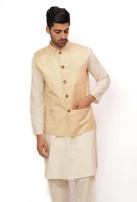 Pearl Cream Ghicha Silk Nehru Jacket image 2