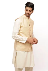 Pearl Cream Ghicha Silk Nehru Jacket image 3