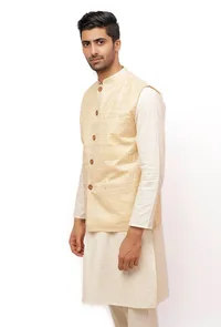 Pearl Cream Ghicha Silk Nehru Jacket image 4
