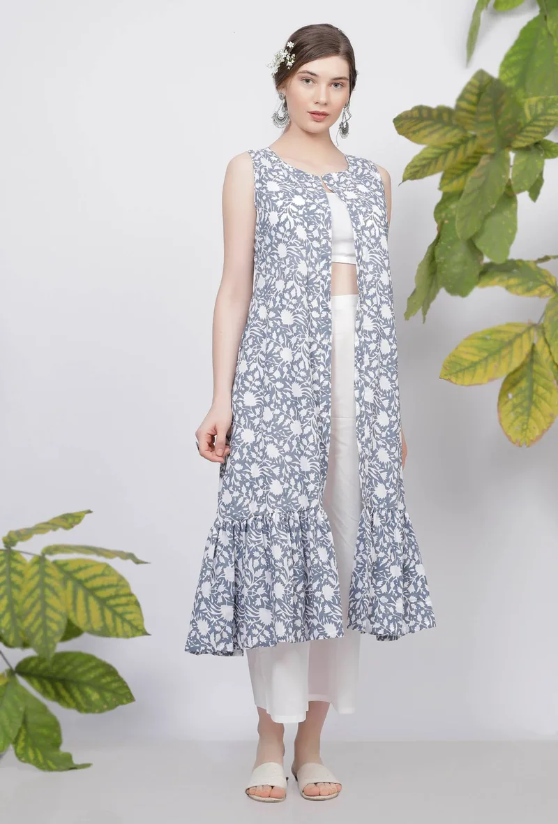 Powder Blue Floral Hand Block-Printed Gathered Sleeveless Cotton cape