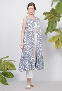 Powder Blue Floral Hand Block-Printed Gathered Sleeveless Cotton cape image 2