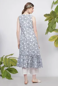 Powder Blue Floral Hand Block-Printed Gathered Sleeveless Cotton cape image 5