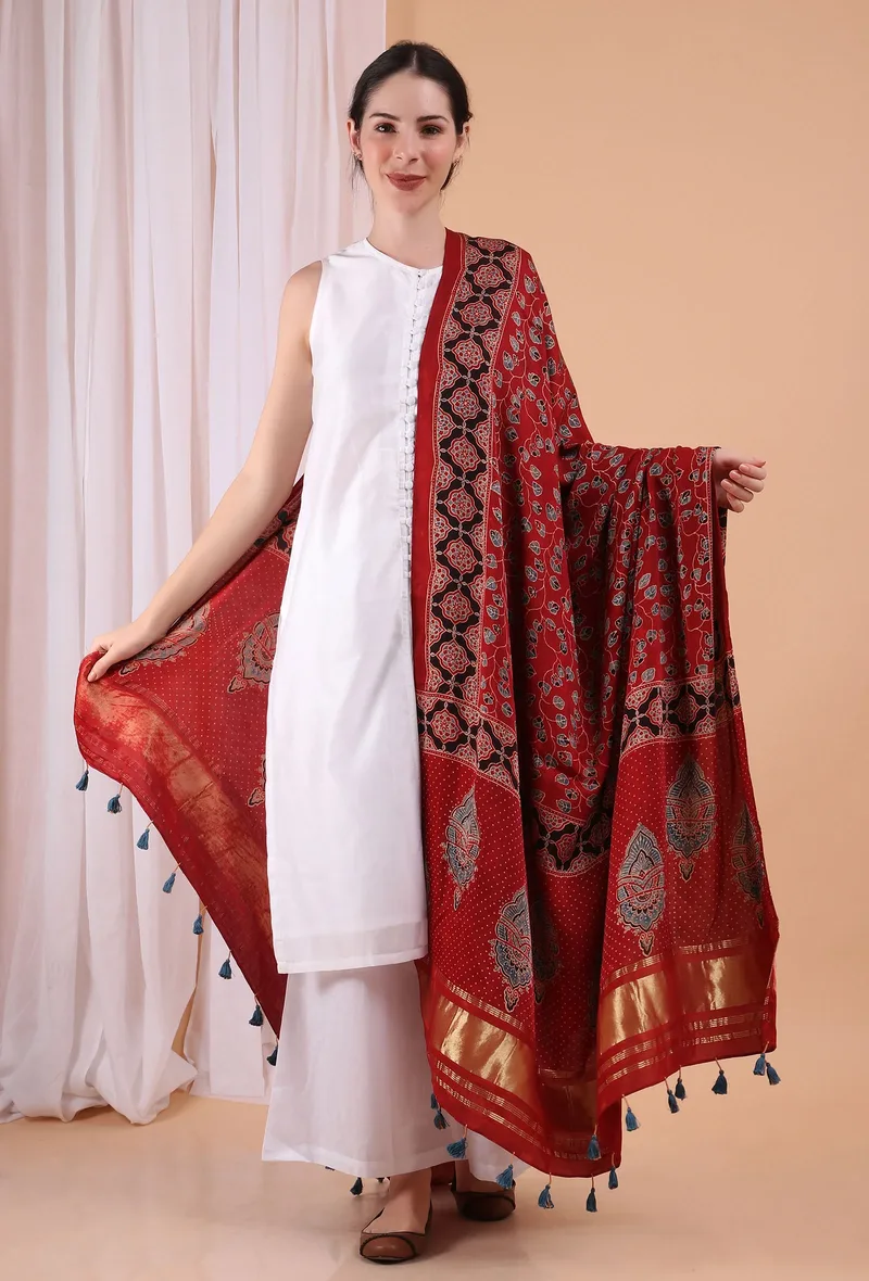 Blush Red Indigo Shibori-Ajrakh Modal silk Dupatta
