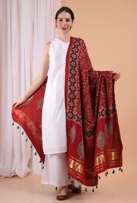 Blush Red Indigo Shibori-Ajrakh Modal silk Dupatta image 1