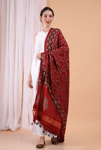 Blush Red Indigo Shibori-Ajrakh Modal silk Dupatta image 2