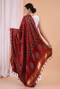 Blush Red Indigo Shibori-Ajrakh Modal silk Dupatta image 3
