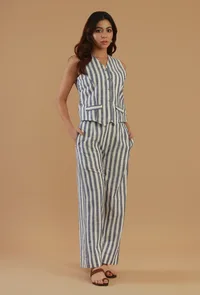 Blue & Off-White Striped Sleeveless V-Neck Button-Down Cotton Top image 1