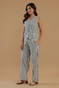 Blue & Off-White Striped Sleeveless V-Neck Button-Down Cotton Top image 2