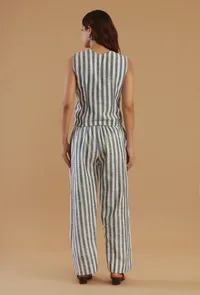 Blue & Off-White Striped Sleeveless V-Neck Button-Down Cotton Top image 3