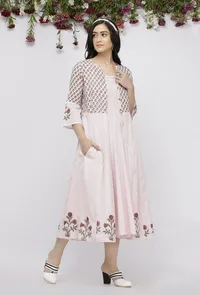 Set of 2: Pink Kalidar Cotton Plain Kurta with Hand-Block Printed Kota  Cape image 2