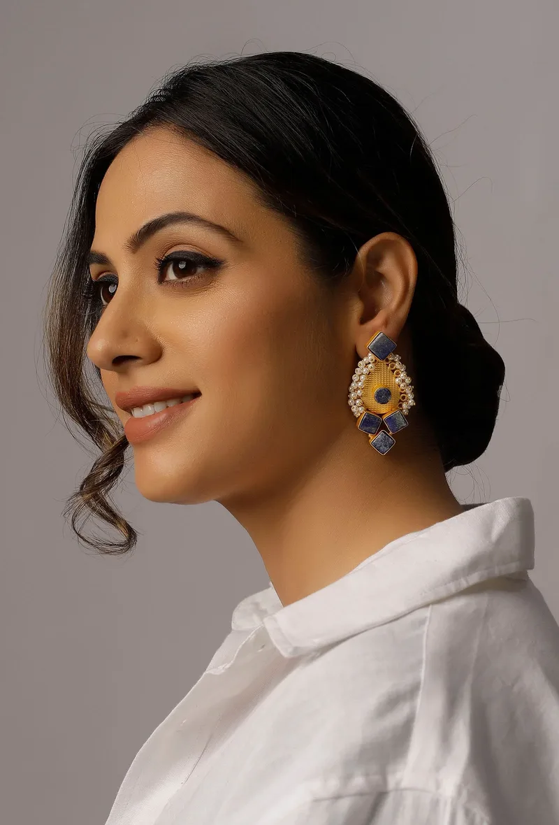 Blue Gold Stone Pearl Earrings