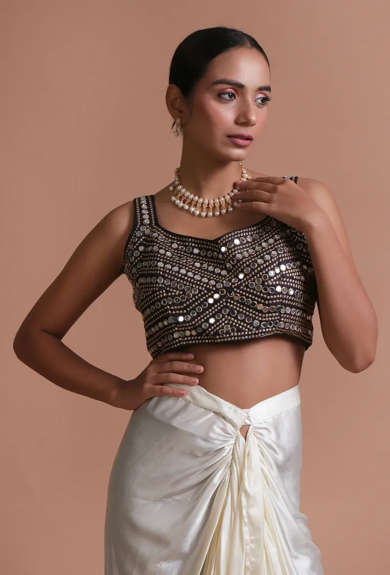 Black Color Raw Silk Mirror Work Blouse