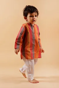 Set of 2: Orange Striped Woven Kurta With Off-white Pant image 1