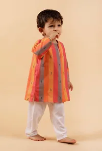 Set of 2: Orange Striped Woven Kurta With Off-white Pant image 2