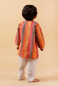 Set of 2: Orange Striped Woven Kurta With Off-white Pant image 3