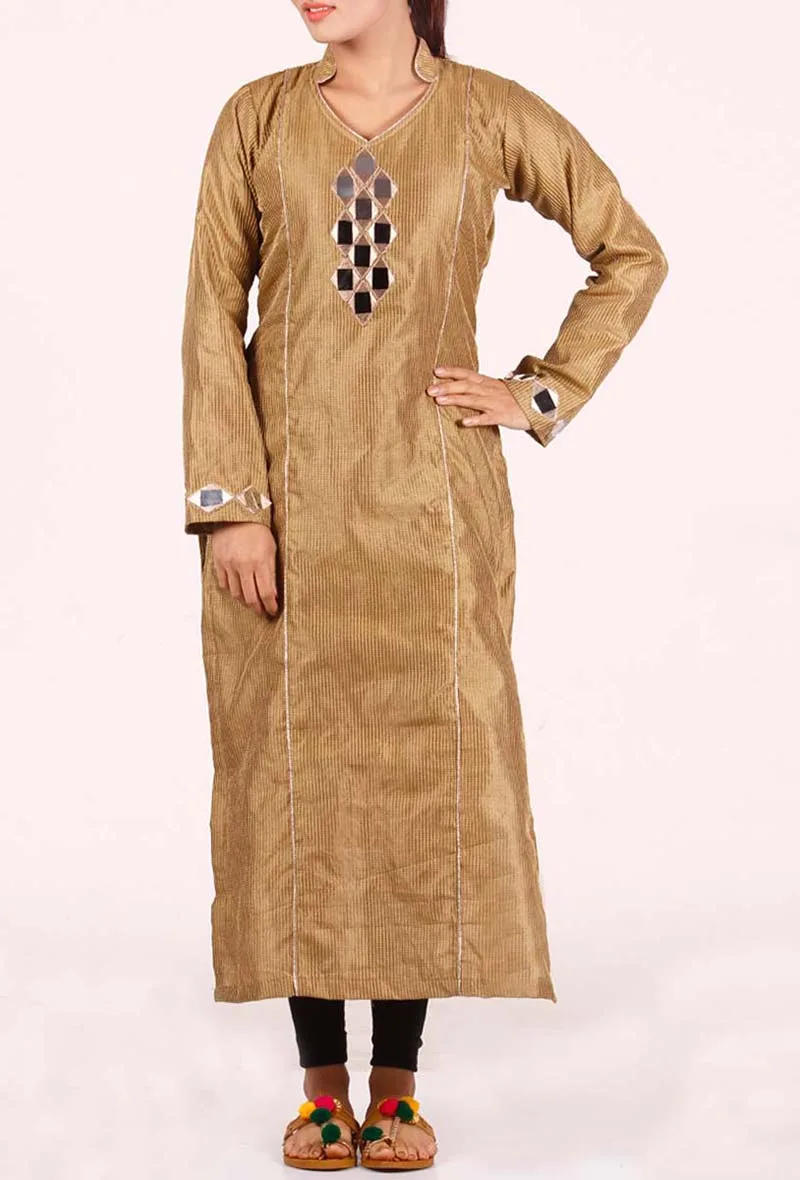 Golden Brown Mirror Embroidered Silk Kurta