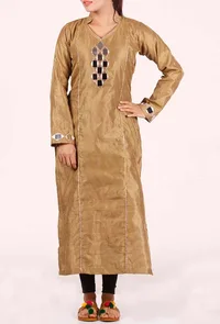 Golden Brown Mirror Embroidered Silk Kurta image 1