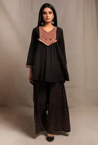 Set of 2: Black Front Embroidered Gathered Short Kurta with Black Hand Block Printed palazzo Pants image 1