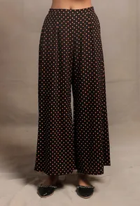 Set of 2: Black Front Embroidered Gathered Short Kurta with Black Hand Block Printed palazzo Pants image 4