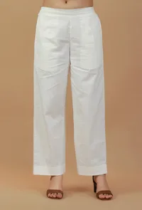 Solid White Straight Cotton Pants image 1