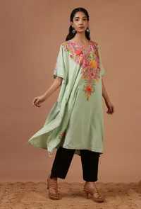 Yellowish Green Cotton Crush Ari Embroidered Kaftan- Free Size image 2