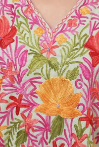 Yellowish Green Cotton Crush Ari Embroidered Kaftan- Free Size image 4