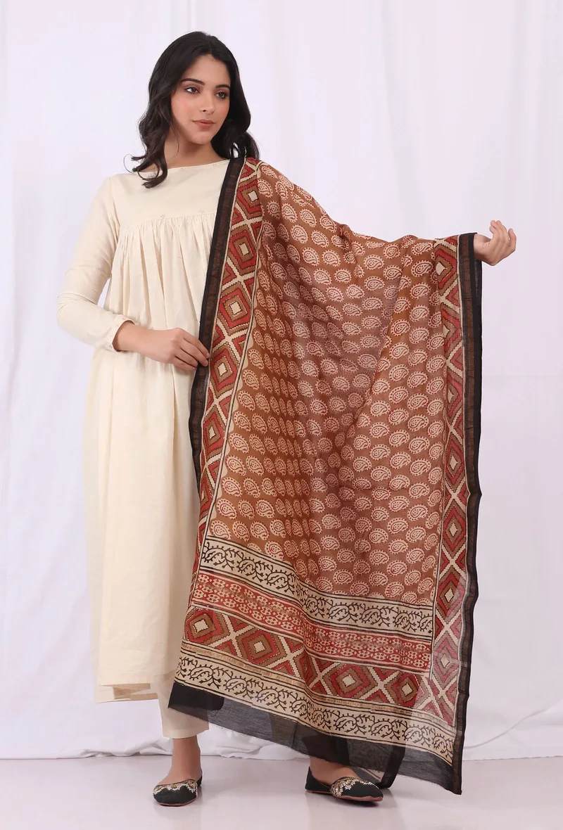 Mustard Orange Pure Bagru Chanderi Silk Dupattas
