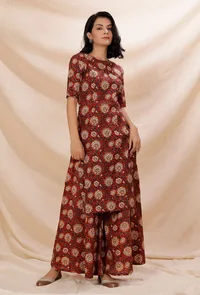 Rust Red Kalamkari Contrast Print Straight Cotton Kurta image 2