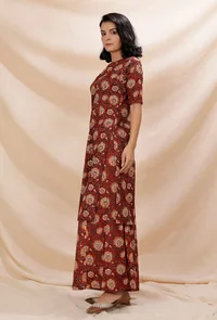 Rust Red Kalamkari Contrast Print Straight Cotton Kurta image 3