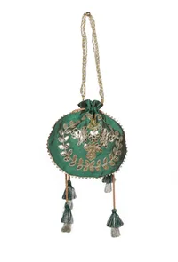 Midnight Green Gota Patti Silk Potli image 5