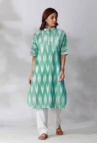 Set Of 2- Aquamarine Green Ikkat Kurta with White Cotton Pants With Pockets image 1
