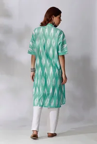 Set Of 2- Aquamarine Green Ikkat Kurta with White Cotton Pants With Pockets image 3