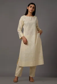 Cream Pure Woven Cotton Kurta With Complimentary Matching Mask image 1