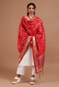Red Color Semi Silk Dupatta With Zari Weaving image 1