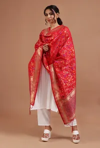 Red Color Semi Silk Dupatta With Zari Weaving image 2