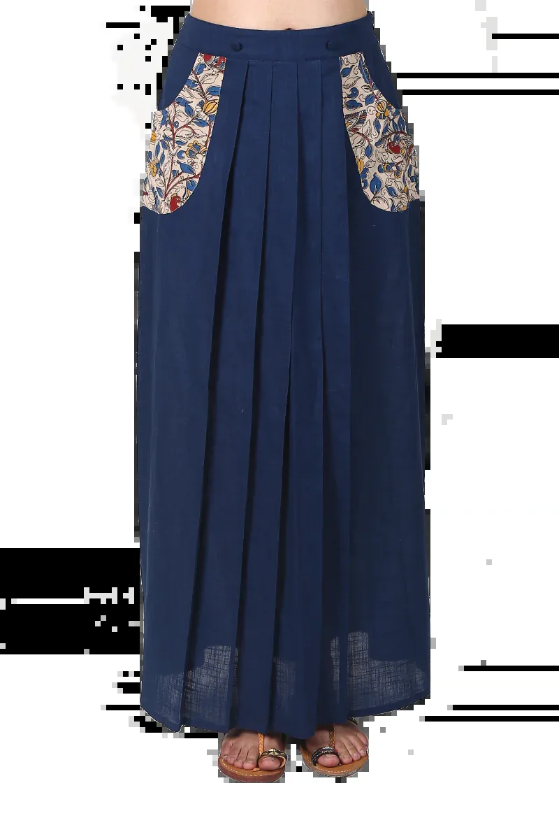 Navy Blue Pure Cotton Pleated Kalamkari Skirt