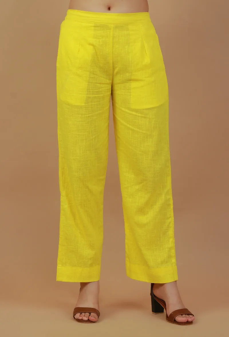 Solid Yellow Straight Cotton Pants