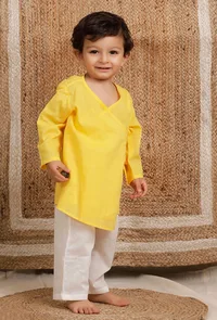 Set Of 2: Yellow Wrap Around Mul Mul Kurta With Off-white Mul Mul Pant image 1