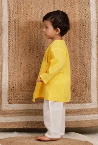 Set Of 2: Yellow Wrap Around Mul Mul Kurta With Off-white Mul Mul Pant image 2