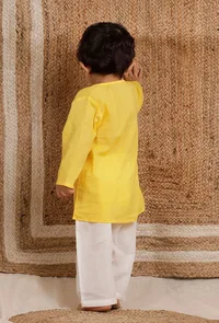 Set Of 2: Yellow Wrap Around Mul Mul Kurta With Off-white Mul Mul Pant image 3