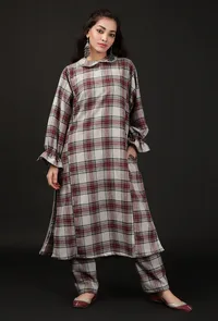 Smoke Grey Woven Tartan Checks Phiran Kurta With Pockets image 2