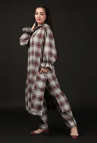 Smoke Grey Woven Tartan Checks Phiran Kurta With Pockets image 3
