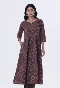 Woody Brown & White Cotton Block Printed Kurta image 1