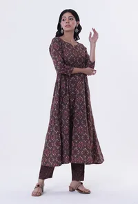 Woody Brown & White Cotton Block Printed Kurta image 2