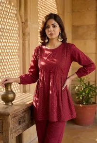 Maroon Cotton Printed Gathered Peplum Top with Side Tie-Ups image 1