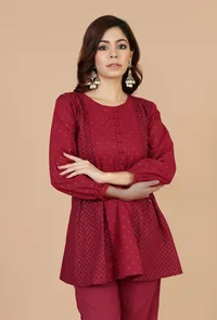 Maroon Cotton Printed Gathered Peplum Top with Side Tie-Ups image 2