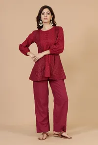 Maroon Cotton Printed Gathered Peplum Top with Side Tie-Ups image 3