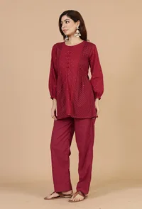 Maroon Cotton Printed Gathered Peplum Top with Side Tie-Ups image 4