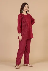 Maroon Cotton Printed Gathered Peplum Top with Side Tie-Ups image 5