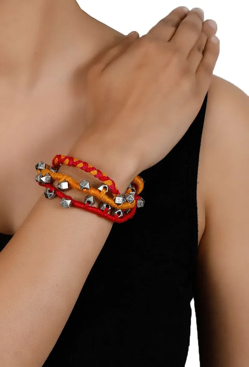 Tri-colour Embellished German Silver Thread Bracelet